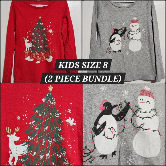 Girls Size 8 Christmas Long Sleeve Shirt Bundle With Penguin & Snowman - Picture 1 of 11